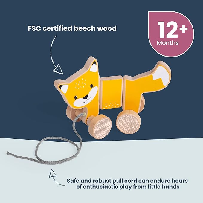 Bigjigs Toys FSC Certified Fox Pull Along Toy - Eco-Friendly Wooden Fox with Grey Pull Cord, Quality Pull Along Toys for 1 Year Olds