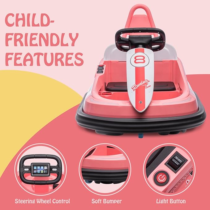 Hetoy Bumper Car for Toddlers, 6V Electric Ride On Toys for Kids 1.9 MPH 360 Degree 2-Speeds, Light, 2-6 Years,