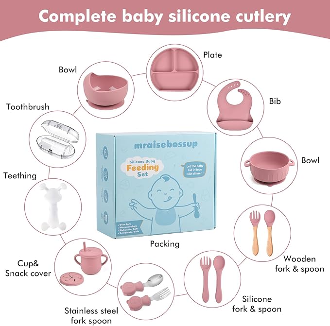 Silicone Baby Feeding Set 15 Pcs,Baby Spoons Suction Bowl Divided Plate Bib Cup Finger Brush Teething Teether,Baby Led Weaning Supplies,Baby & Toddler Silicone Plates and Bowls Dining Set(pink)