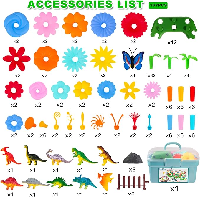 Birthday Toys Gifts for 2 3 4 5 6 Years Old Toddlers Boys Girls (167PCS), Dinosaur Flower Garden Building Blocks 2+