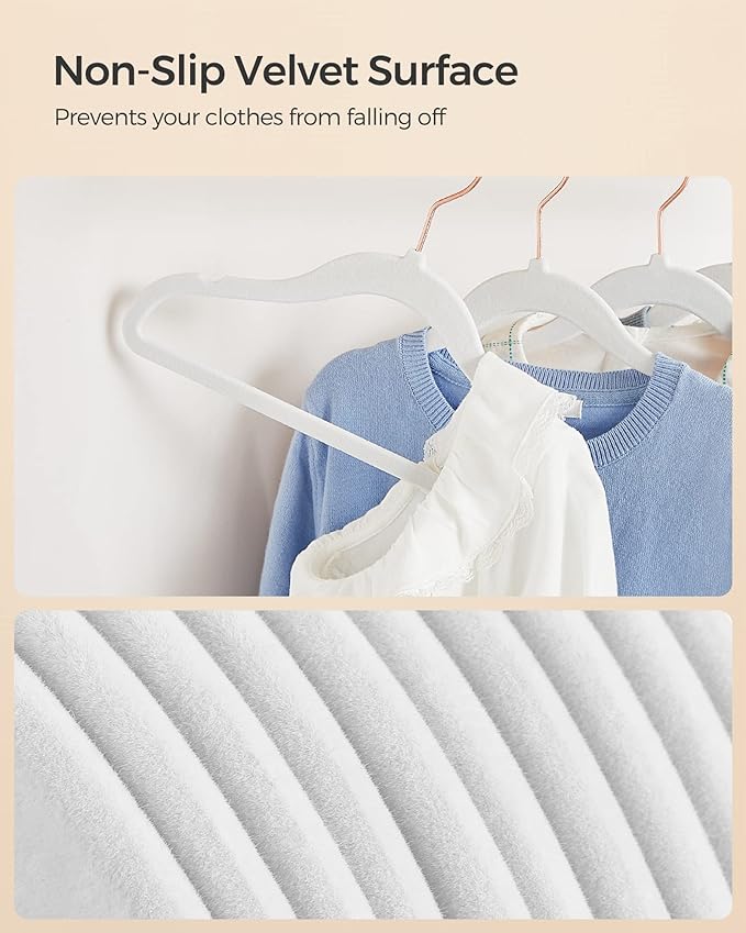 SONGMICS Baby Hangers 50 Pack, Kids Hangers for Closet, 11.8 x 8.1 Inches, Rose Gold 360° Swivel Hooks, Space-Saving Clothes Hangers, Velvet Hangers for Nursery, Non-Slip, Cloud White UCRF027W01