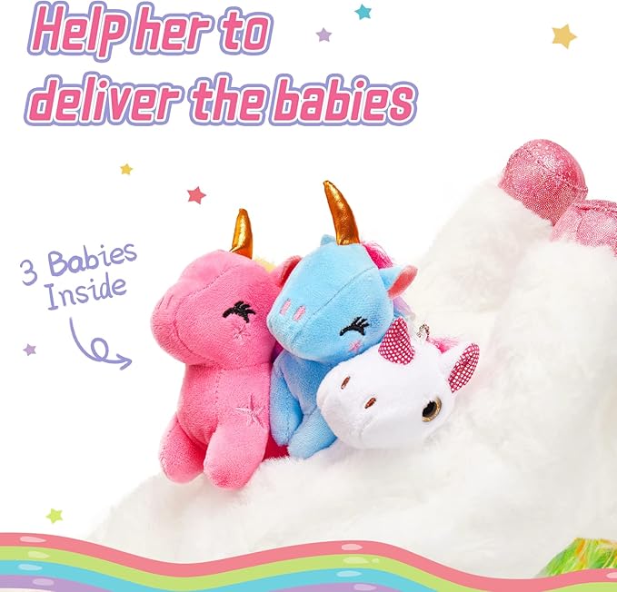 Houwsbaby Unicorn Mommy Stuffed Animal with 3 Babies Inside,4 in 1unicorn Plush Toy