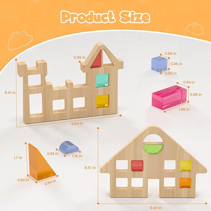 BESFAN Building Blocks Set, Acrylic Rainbow Gem Cubes Stacking Toy with 2 Wooden Castle 3+ Year
