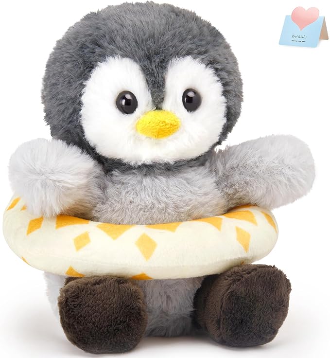 Houwsbaby 8" Cuddly Penguin Stuffed Animal,Penguin Plush Toy with Yellow Swimming Circle