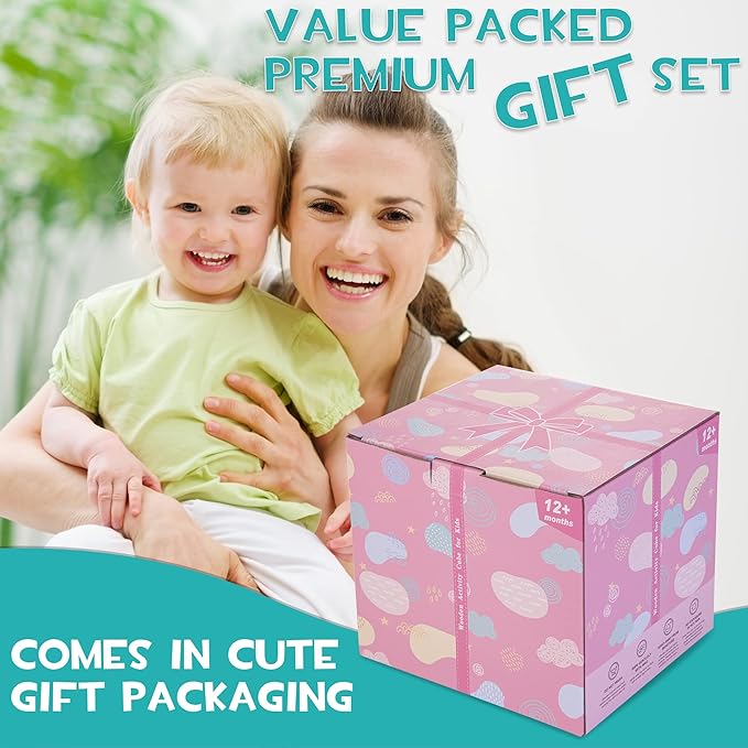 HELLOWOOD Wooden Baby Activity Cube, 8-in-1 Montessori Toys for 1+ Year Old Girls & Boys 1-3, 1st