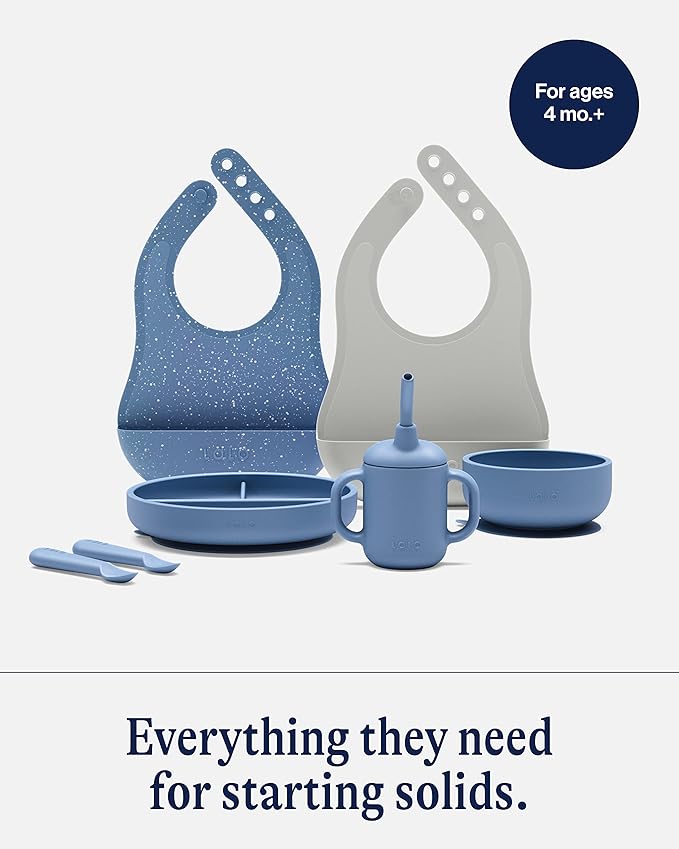 Lalo First Bites Silicone Baby Feeding Set - Baby Led Weaning Supplies - Non-Toxic Silicone - Includes 2 Bibs, 2 Spoons, Training Cup, Suction Plate and Bowl - 6 Pieces - Blueberry
