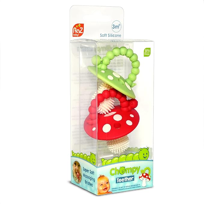 RaZbaby Chompy Teether for Infant & Baby 3M+ Teether Toy with Massaging Bristles for Teething Relief Pacifier - Soothes Sore Gums