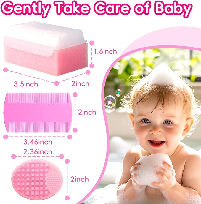 Cradle Cap Brush for Babies, Baby Bath Essentials with Silicone Scrubber Bath Sponge Dual-Sided Comb for Newborns Toddlers Boys Girls (Pink, Set of 5)