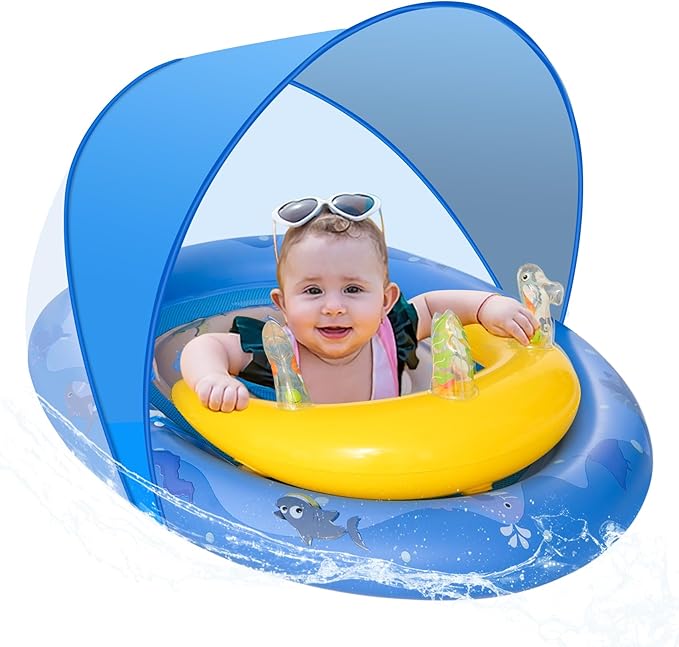 HYRIXDIRECT Baby Pool Float with Canopy Removable UPF 50+ UV Protection, 6-36 Months Babies Pool Floats Kids with Ocean Animal Toys and Adjustable Safety Seat for Beach