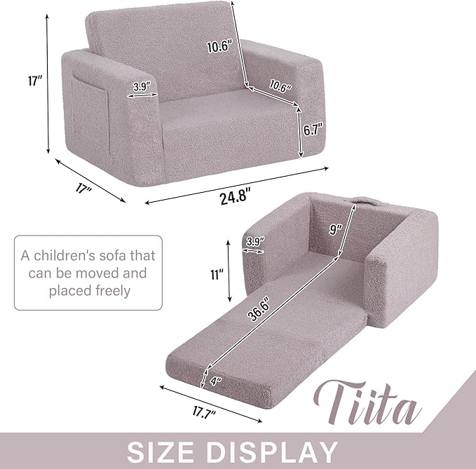 Tiita Kids Sofa, 2-in-1 Kids Sofa Chair, Convertible Children Couch to Lounger, Flip Out Kids Sofa Chair, Toddler Armrest Chair Bed, Folding Kids Play Sofa for Girl or Boy (Grey)