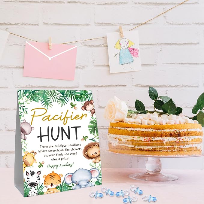 51Pcs Cute Animals Decor Baby Shower Games, Include Baby Pacifier Hunt Sign and 50 Blue Mini Pacifiers