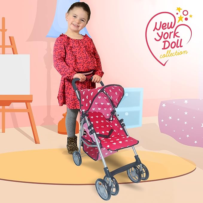 Baby Doll Stroller for Toddler Girls & Big Kids up to 8 Years Old | 28” Baby Stroller for Dolls, Toy Baby Stroller with Cute Pink Hearts Pattern
