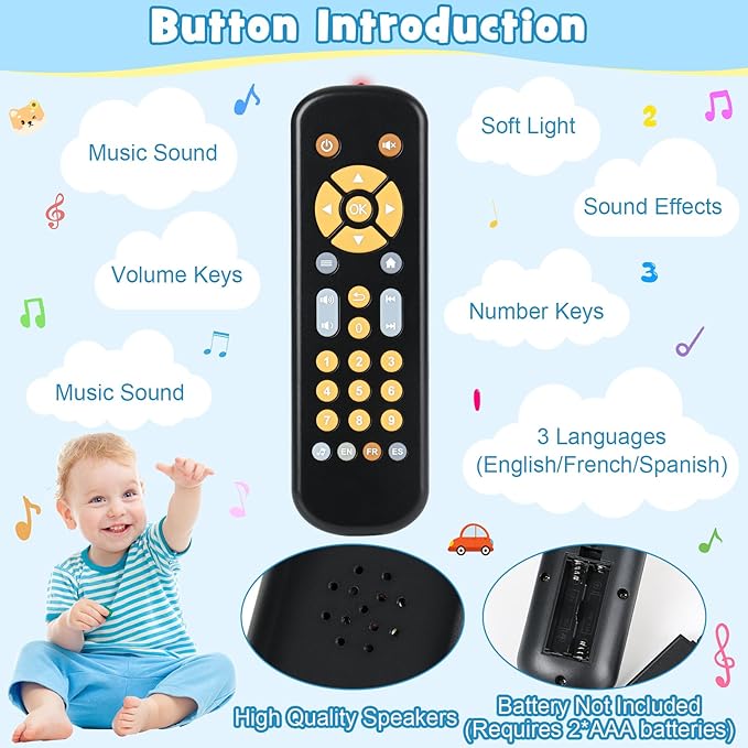 Baby TV Remote Control Toy with Sound and Light, Music Toys for Baby 6-24 Months 3 Language 6 12 18 Month