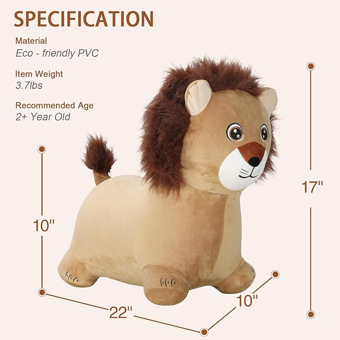 INPANY Kids Bouncy Lion Hopper Toys for 2 Year Old Boy, Plush Toddlers Inflatable Animal Hopping Horse 3 4