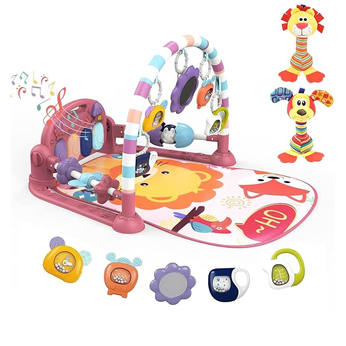 dearlomum Baby Play Mat Baby Gym,Funny Play Piano Tummy Time Baby Activity Gym Mat with 5 Infant Sensory Baby Toys and 2 Baby Soft Rattles 0 to 3 6 9 12