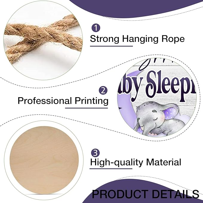 Deroro Shhh Baby Sleeping Front Door Sign, Elephant Purple Moon Cloud Stars Wood Door Hanger Outdoor Porch Nursery Decor