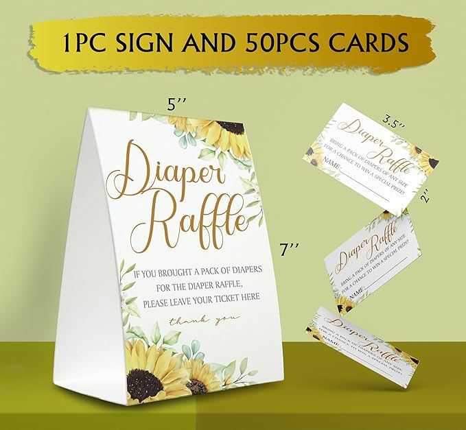 Sunflower Diaper Raffle Sign,Diaper Raffle Baby Shower Game Kit (1 Standing Sign + 50 Guessing Cards) Diapers-N08