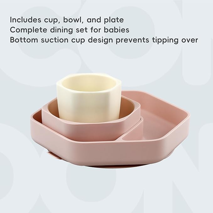 Silicone Baby Feeding Set,8 Pack Baby Weaning Sets Baby Led Weaning Supplies & Utensils Suction Plate and Bowl, Baby Cup with Straw, Bib, Feeder Spoons for 6+ Months (Pink)