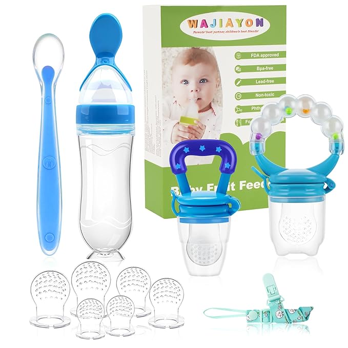 WAJIAYON Baby Fruit Feeder Pacifier - 12 Pack | 2 Baby Fruit Food Feeder Pacifier & 1 Baby Food Dispensing Spoon