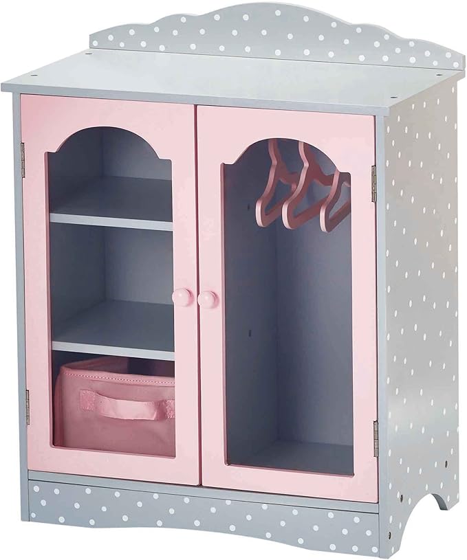 Olivia's Little World Polka Dot Princess Wooden Shaker-Style Double Closet for 18" Doll Wardrobes with Windowed Doors, Three Shelves