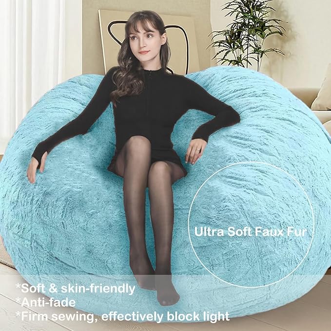 Bean Bag Cover for Kids Adults No Filler Soft Oversized Round Beanbag Chair Lazy Sofa Cover for Reading Chair Floor Chair, 6FT, Blue