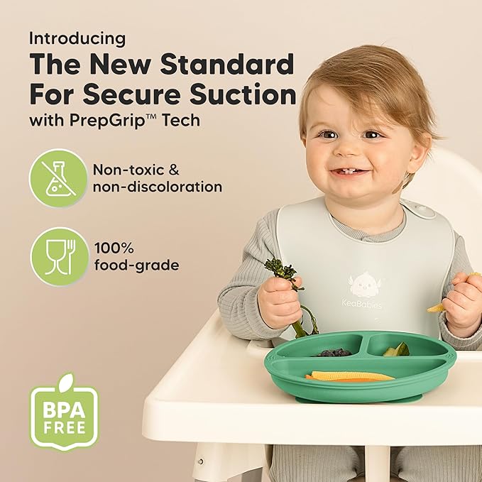 KeaBabies Suction Plates for Baby, Toddler - 3-Pack 100% Silicone Toddler Plates, Divided Baby Plates with Suction, Silicone Plates for Baby, Kids, BPA-Free, Microwave, Dishwasher Safe (Forest)