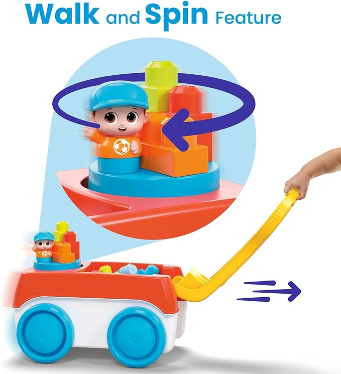 Mega BLOKS First Builders Toddler Building Toy Set, Block Spinning Wagon with 20 Pieces and Storage 1 Figure, 1+ Years
