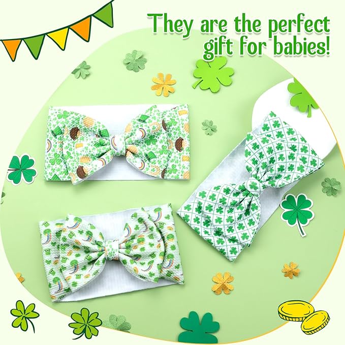 St. Patrick's Day Handmade Elastic Headbands, 3PCS Shamrock Printed Bows