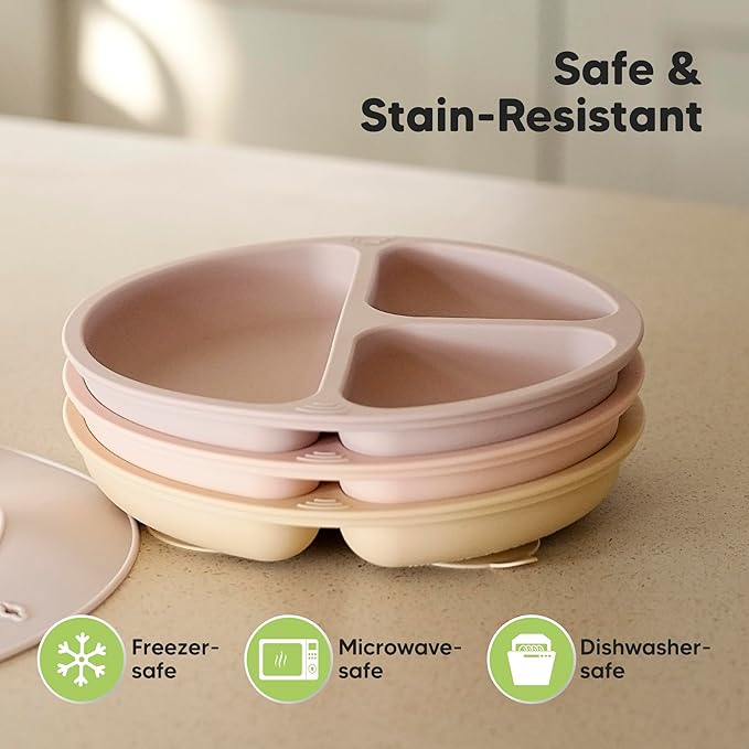 KeaBabies Suction Plates for Baby, Toddler - 3-Pack 100% Silicone Toddler Plates, Divided Baby Plates with Suction, Silicone Plates for Baby, Kids, BPA-Free, Microwave, Dishwasher Safe (Dusk)