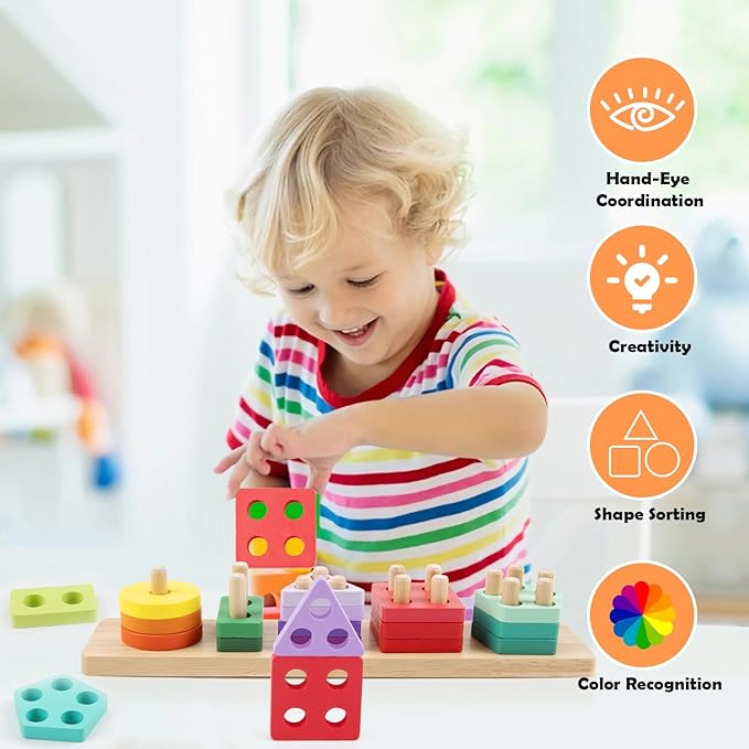 HONGTEYA Montessori Toys for 1 2 3 year old, Toddlers Wooden Sorting and Stacking Toys for Baby Boys and Girls 20 Color