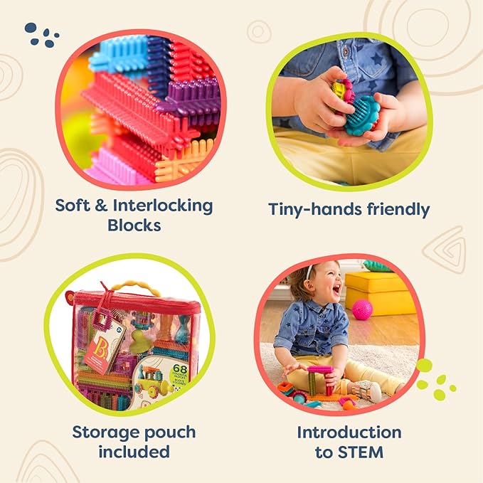 B. toys- Bristle Block Stackadoos - Building Blocks for Kids – Developmenal Toy-68 Blocks in a Storage Pouch 2 years