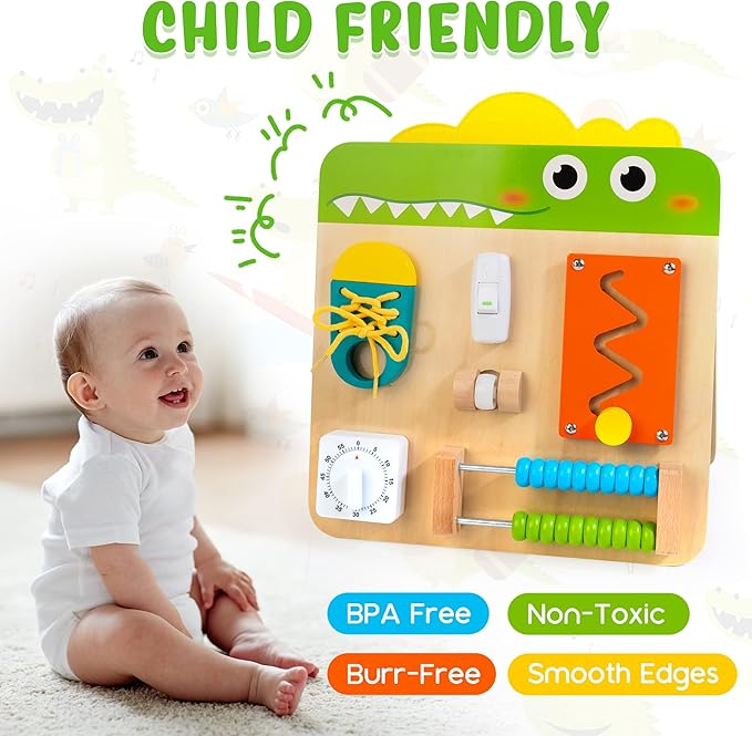 HELLOWOOD Wooden Busy Board for Toddlers 1-3 2-4, Montessori Learning Toy with 19 Eductional Activities