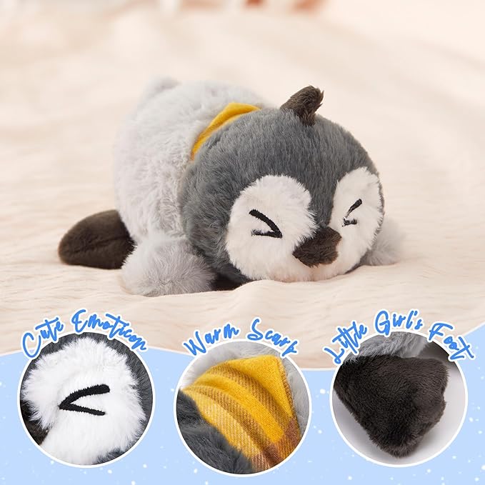 Houwsbaby 8'' Gray Lying Penguin Stuffed Animal,Penguin Plush Toy with Yellow Drool Bib