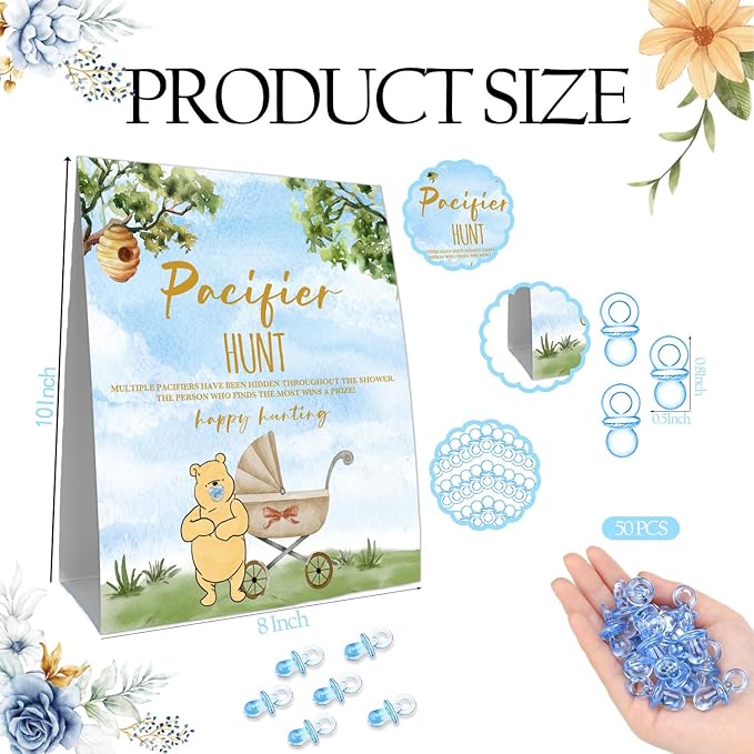 Winnie Pacifiers Hunt for Baby Shower Game, Mini Pacifiers Baby Shower Game Set 50Pcs Blue 8 * 10IN