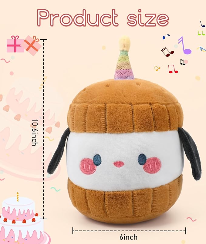 Dog Plush Birthday Stuffed Animal - Birthday Cake Stuffed Doll, Cute Sandwich Dog with Glowing Candle, Party Decorations, Kids' Gifts, 11 Inch