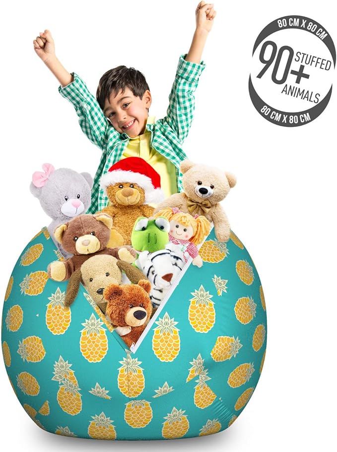 Lunarable Fruits Storage Toy Bag Chair, Pineapples Caribbean Tropical Hipster Nature Exotic Jungle Kitchen Print, Stuffed Animal Organizer Washable Bag, Large Size, Turquoise and Mustard