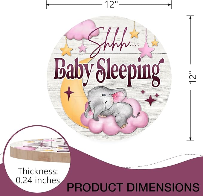 Deroro Shhh Baby Sleeping Front Door Sign, Elephant Moon Pink Cloud Stars Wood Door Hanger Outdoor Porch Nursery Decor