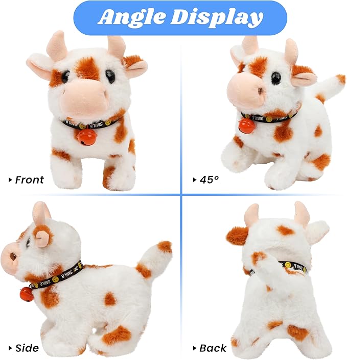 Hopearl Walking Cow Interactive Electronic Pet Plush Diary Cattle Toy with Sounds and Movements MOO Nodding Head Wag Tail Animated Gift for Toddlers Birthday, Brown 7''