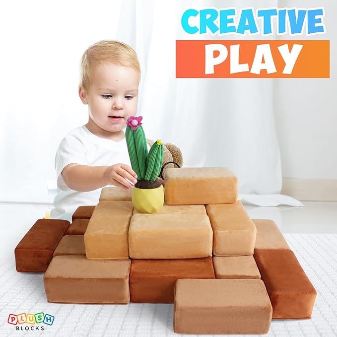 The Original Premium Plush Building Block for Kids - Certified Safe Foam Blocks in Luxuriously Soft Fabric Covers 24 (Desert)