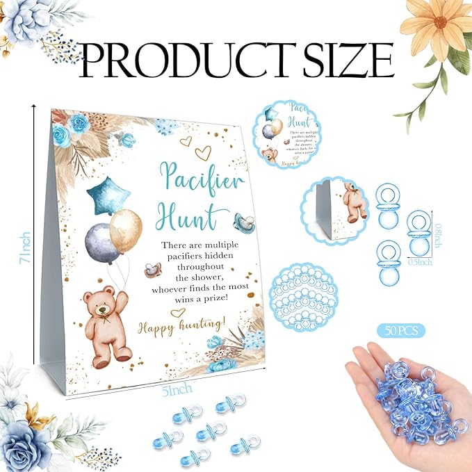 Winnie Pacifier Hunt Sign, Mini Pacifiers Baby Shower Game Set 50Pcs Blue