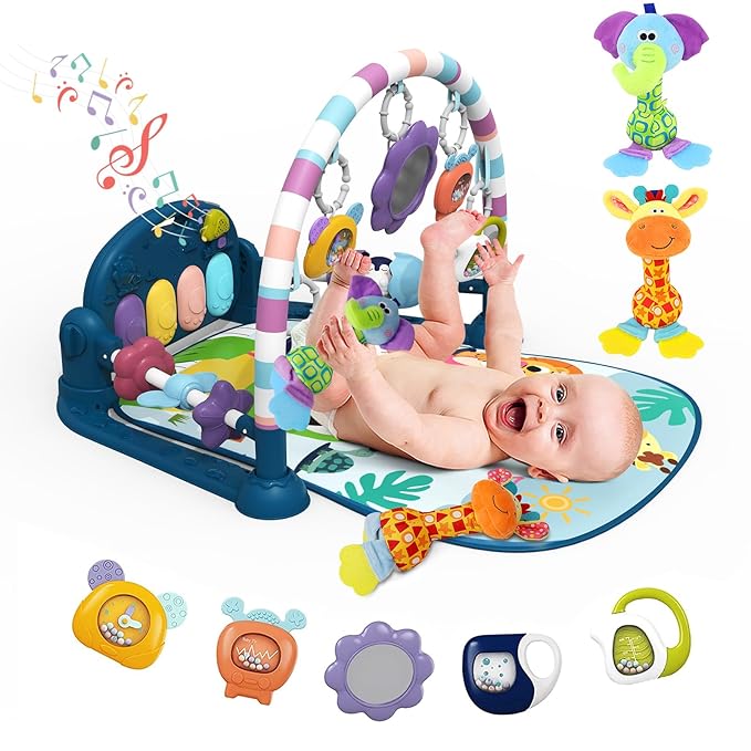 dearlomum Baby Play Mat Baby Gym,Funny Play Piano Tummy Time Baby Activity Gym Mat with 5 Infant Sensory Baby Toys and 2 Baby Soft Rattles 0 to 3 6 9 12