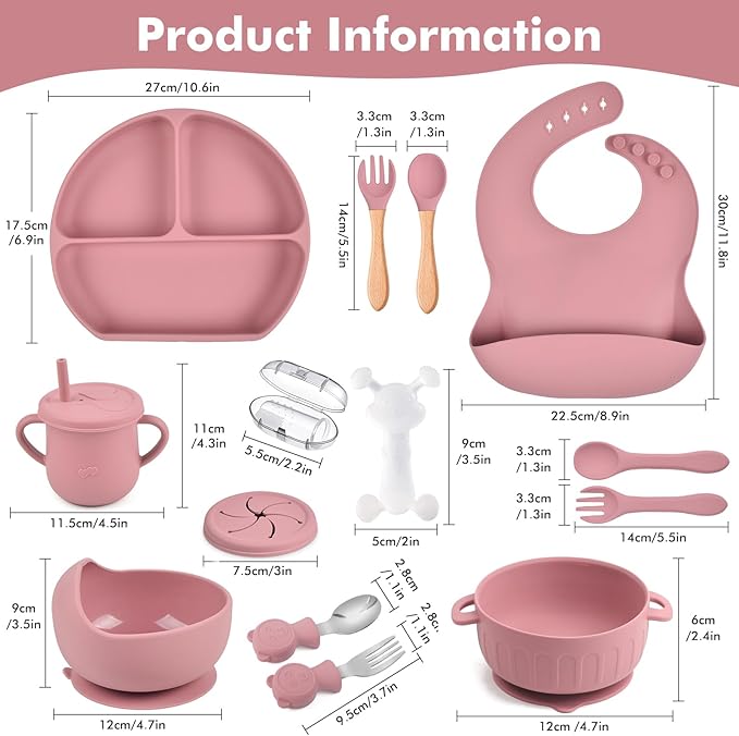 Silicone Baby Feeding Set 15 Pcs,Baby Spoons Suction Bowl Divided Plate Bib Cup Finger Brush Teething Teether,Baby Led Weaning Supplies,Baby & Toddler Silicone Plates and Bowls Dining Set(pink)