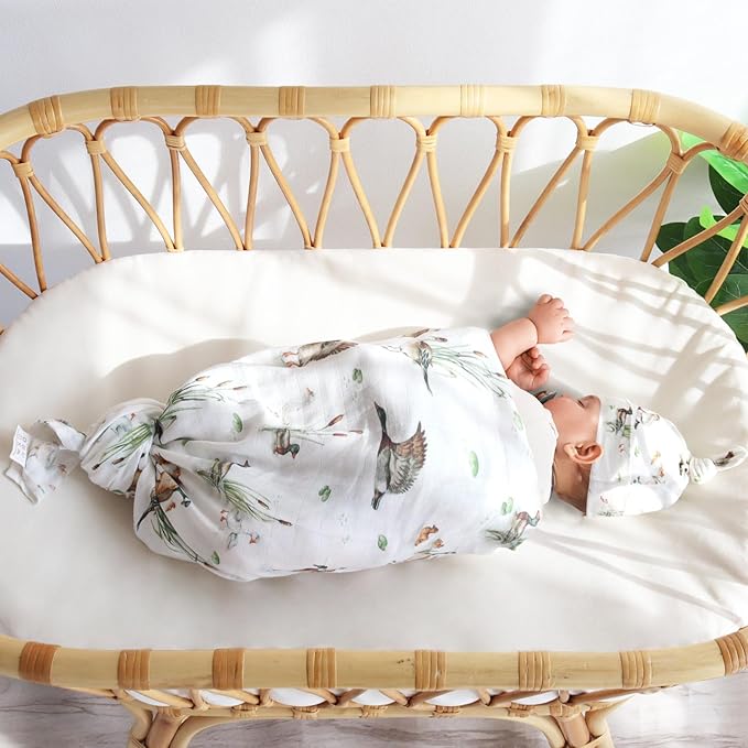LifeTree Muslin Swaddle Blankets, Muslin Baby Boy Swaddle Blanket and Hat Set with Birth Announcement Card, Newborn Unisex Receiving Blankets Mallard Duck