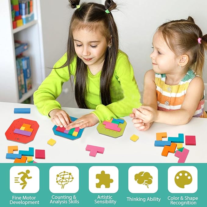 Block Jigsaw Puzzle Games, 128 Pcs Colorful 3D Creative Desktop Wooden Puzzle Game Kids Tangram Math Toys Building Blocks Board, Montessori Puzzle Toys for Kids, Tangram Toy Educational Toys