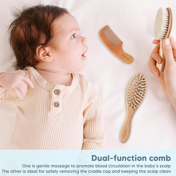 Baby Hair Brush and Comb Set for Newborns & Toddlers - Wooden Baby Brush Set With Soft Goat Bristle and Toddler Comb, Ideal for Cradle Cap