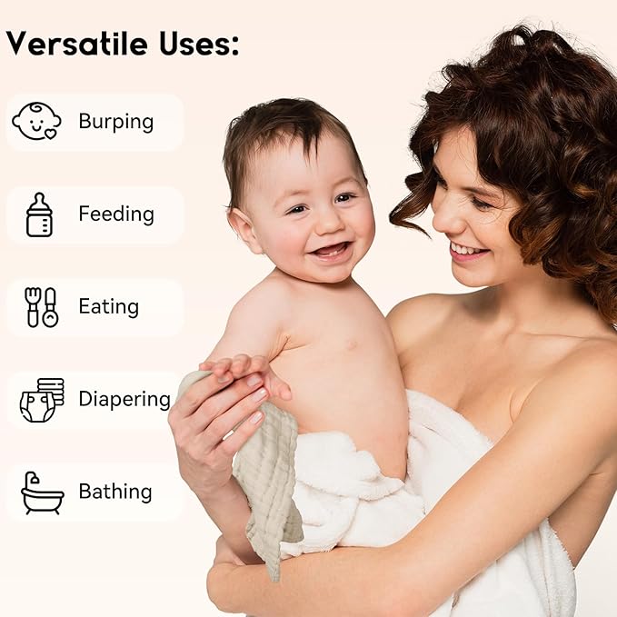 Muslin Baby Washcloths 6 Pack, 100% Cotton Wash Cloths for Babies, Large 12''X12'' Burp Cloths Absorbent and Soft for Newborn Infants Kids Boys Girls - Apricot