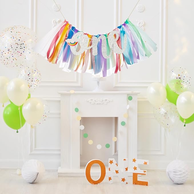 1st Birthday High Chair Banner,1 Year Birthday Decorations Pastel Rainbow 1st Birthday