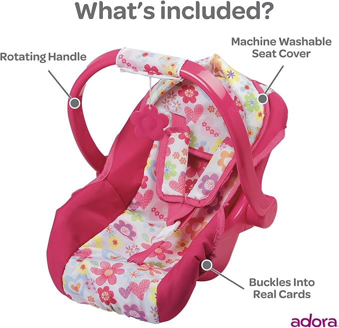 Adora Baby Doll Car Seat with Removable Seat Cover - Machine Washable, Fits Most Dolls & Plush Animals Up To 20” 2+ -