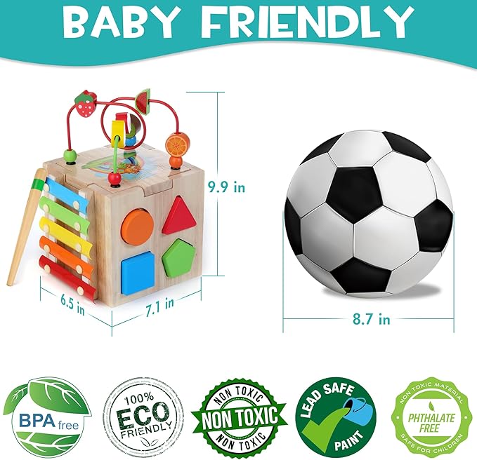 HELLOWOOD Wooden Activity Cube, 8-in-1 Montessori Toys for 1+ Year Old Boys & Girls 1-2, First