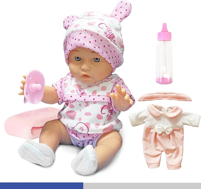 LETOUR 12'' Baby Doll in Gift Box with Pink Cloths,and Pink Bear Cloths, Pacifier 13''x13'' Microfabric 3+